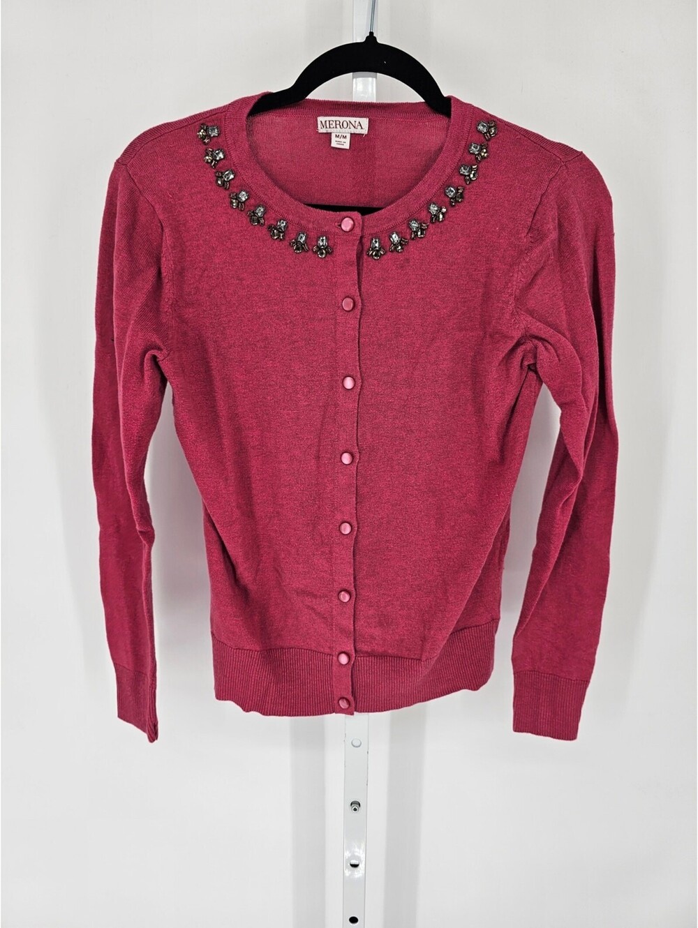 Vintage Y2K Merona Womens Sz M Cardigan Sweater Pink w/ Rhinestone Neckline